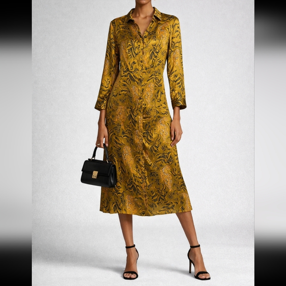 Zara Women's Green Satin Collared Tiger Print Midi Dress Oversized XS